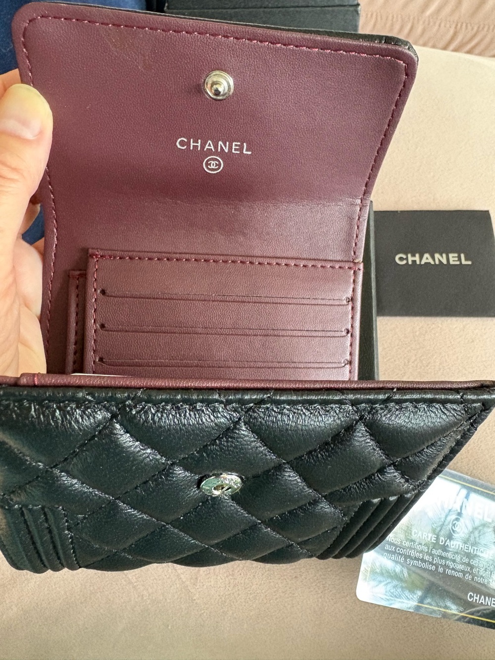 CHANEL Black Quilted Leather Mini Tri-Fold Wallet with Gold CC Hardware - Picture 6 of 10